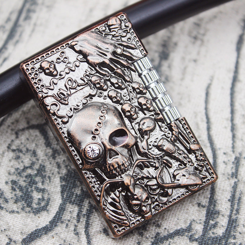 Metal Embossed Skull Gas Lighter Jet Flint Flip Side Grinding Cigarette Smoking Accessories
