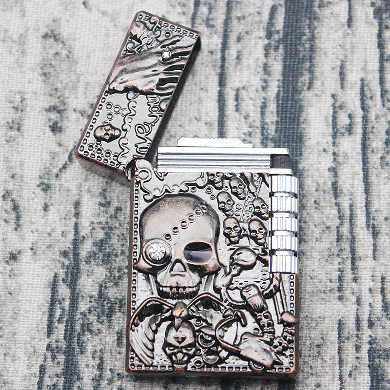 Metal Embossed Skull Gas Lighter Jet Flint Flip Side Grinding Cigarette Smoking Accessories