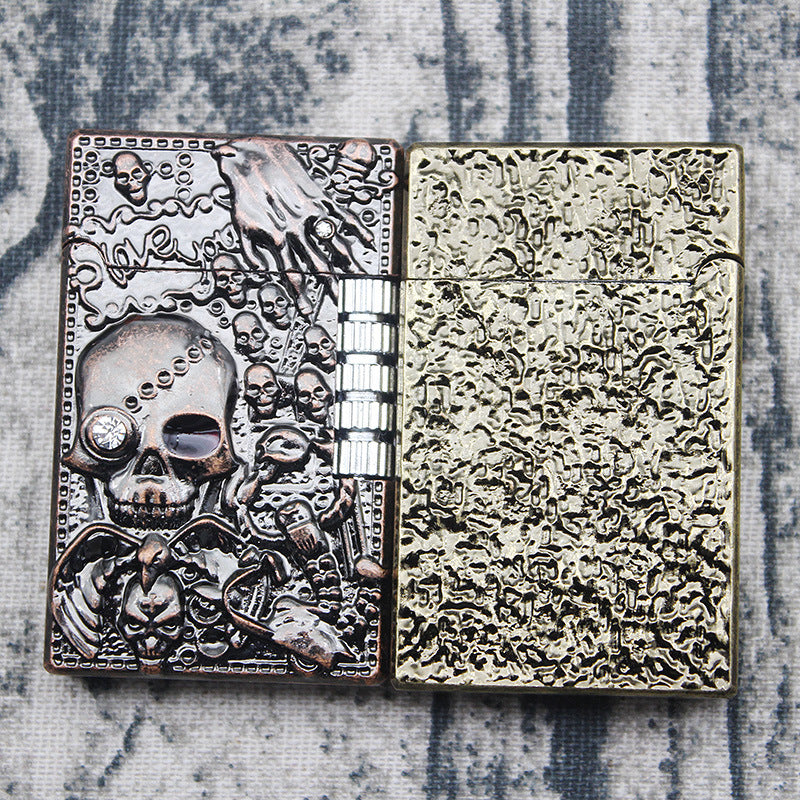 Metal Embossed Skull Gas Lighter Jet Flint Flip Side Grinding Cigarette Smoking Accessories