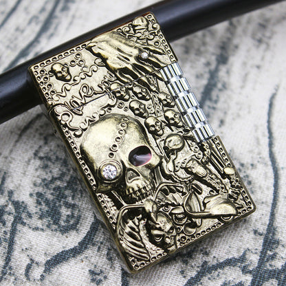 Metal Embossed Skull Gas Lighter Jet Flint Flip Side Grinding Cigarette Smoking Accessories
