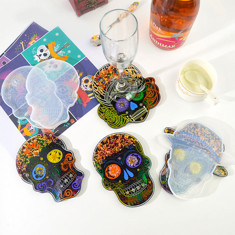 4Pcs/set DIY Skull  Shaped Coaster  Epoxy Resin Mold Tableware Wall Decor Silicone Mold