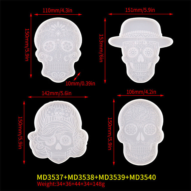 4Pcs/set DIY Skull  Shaped Coaster  Epoxy Resin Mold Tableware Wall Decor Silicone Mold