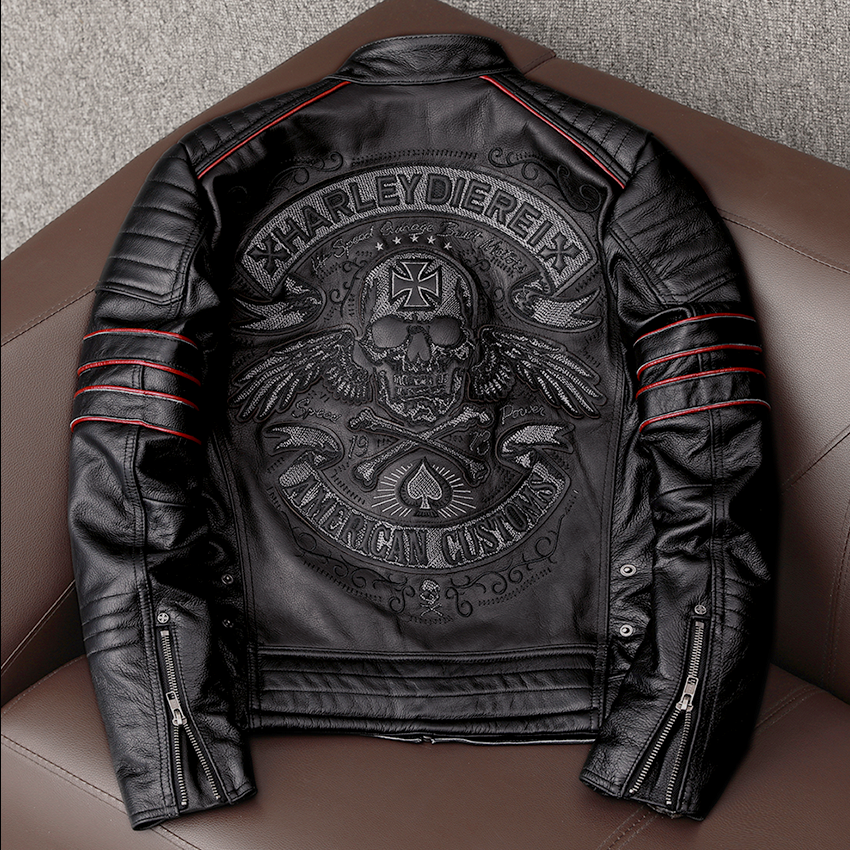 Spring Original Leather Motorcycle Jacket Skull Embroidery Top Layer Cowhide Clothing Slim Fit Black Slim Coat