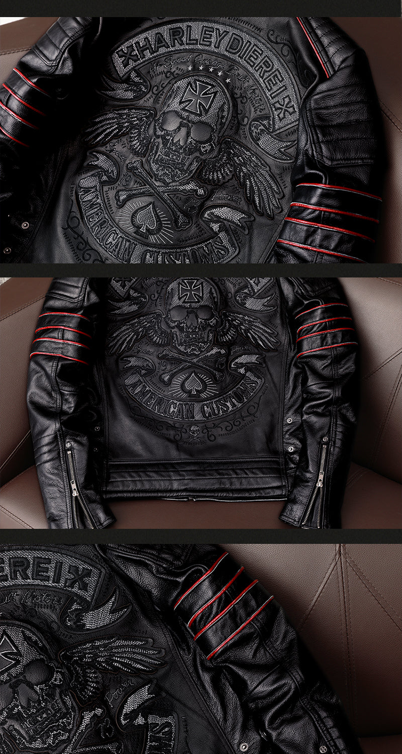 Spring Original Leather Motorcycle Jacket Skull Embroidery Top Layer Cowhide Clothing Slim Fit Black Slim Coat