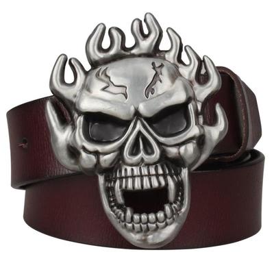 Genuine Leather belt metal buckle flame Skull belt bad bone belt