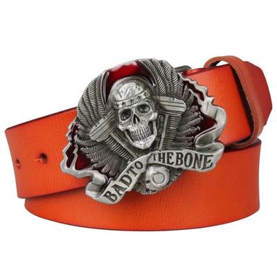 Genuine Leather belt metal buckle flame Skull belt bad bone belt