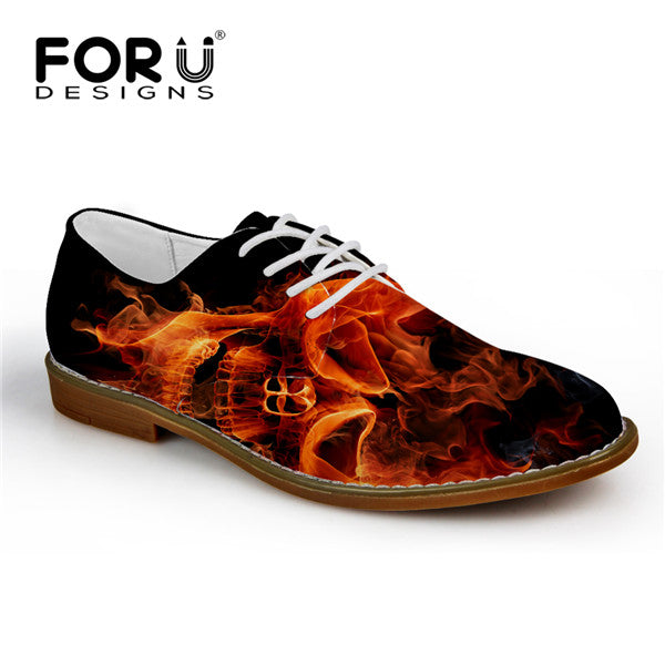 Fashion Men's Casual Leather Shoes Cool Fire Skull Printed Lace-up Flats