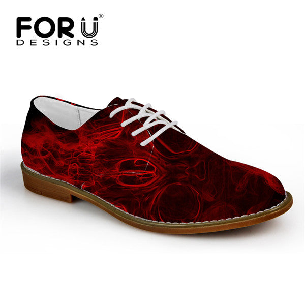 Fashion Men's Casual Leather Shoes Cool Fire Skull Printed Lace-up Flats