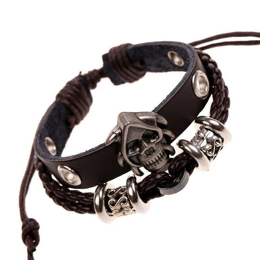 Original Design Steampunk Men's Bracelet Wristband Cuff Skeleton Studded Skull Bangle Leather