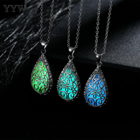 New Fashion Glowing Stone Locket Necklace Jewelry Silver Hollow Water Drop Glowing Pendant Silver