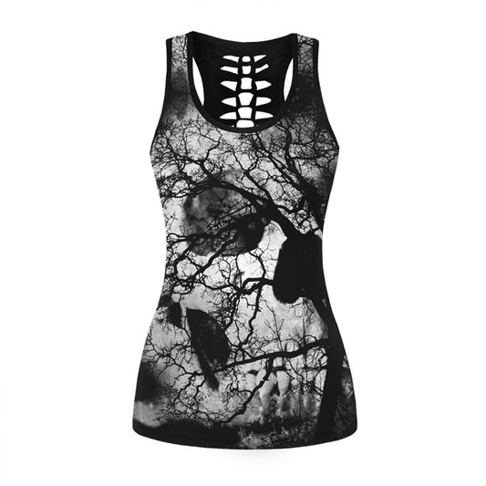 Fitness Tops Gothic Skull 3D Printed Beauty Back Hollow Out Sleeveless