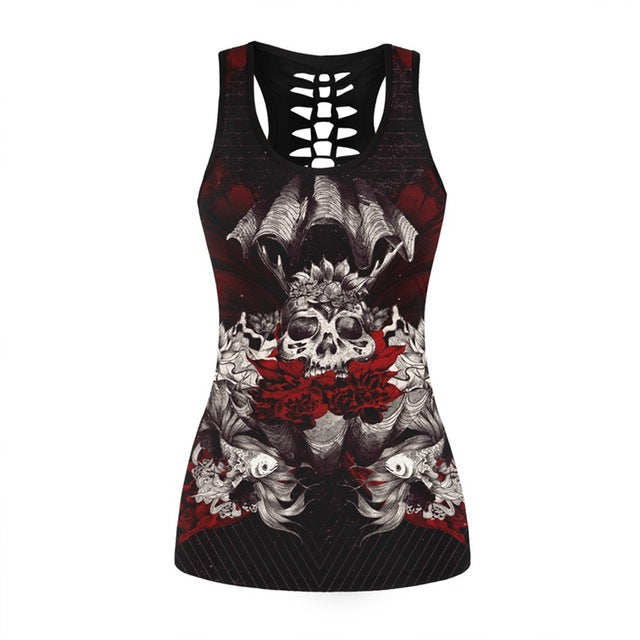 Fitness Tops Gothic Skull 3D Printed Beauty Back Hollow Out Sleeveless