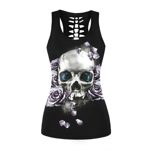 Fitness Tops Gothic Skull 3D Printed Beauty Back Hollow Out Sleeveless