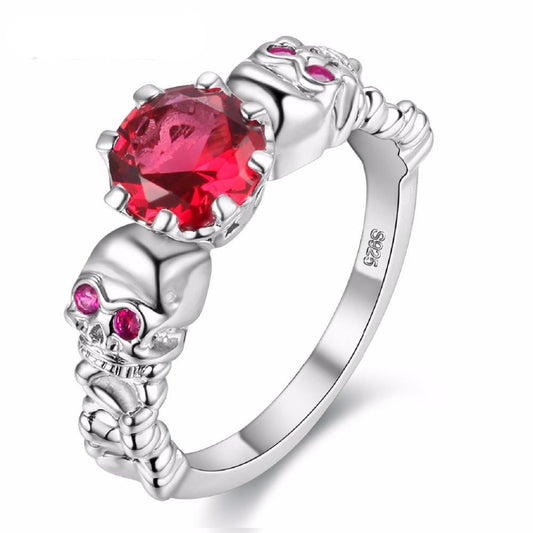 Uloveido Red Ring Cubic Zirconia Skull Silver Color Rings