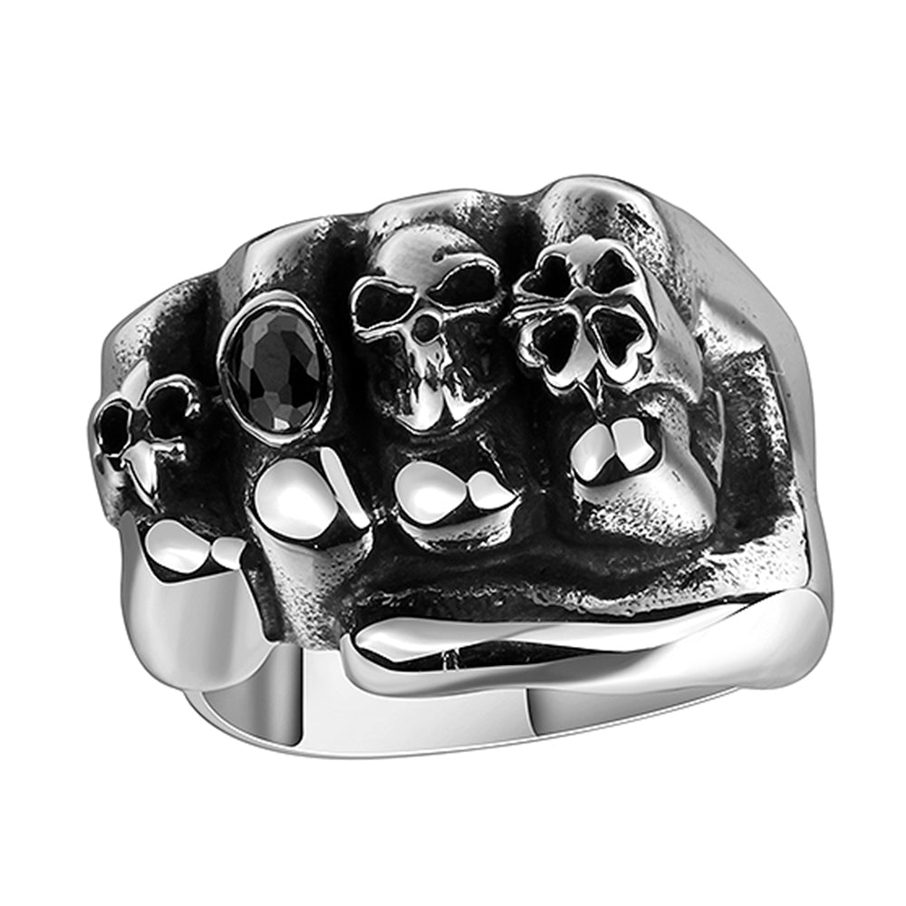 Stainless Steel Gothic Punk Skull Head Oval Stone Fist Finger Ring Fashion Cool Biker Rock Charm