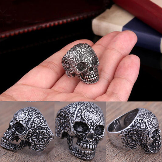 Fashion Hot Sale Silver Skeleton Ring Ring Jewelry Punk Floral Skull Biker Personality
