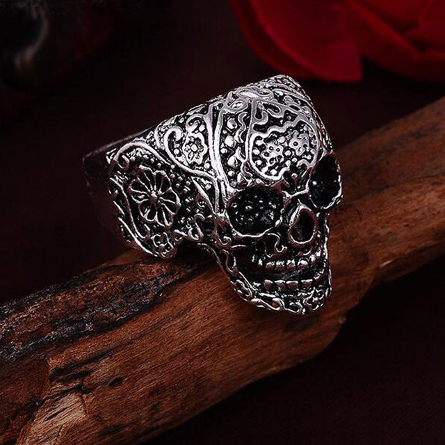 Fashion Hot Sale Silver Skeleton Ring Ring Jewelry Punk Floral Skull Biker Personality