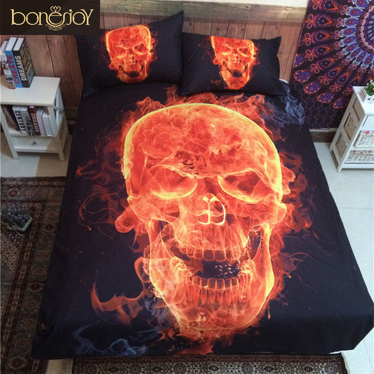 3D Skull Bedding Queen Fire Printed Polyester Cotton Bed Sheet Black Bedspread