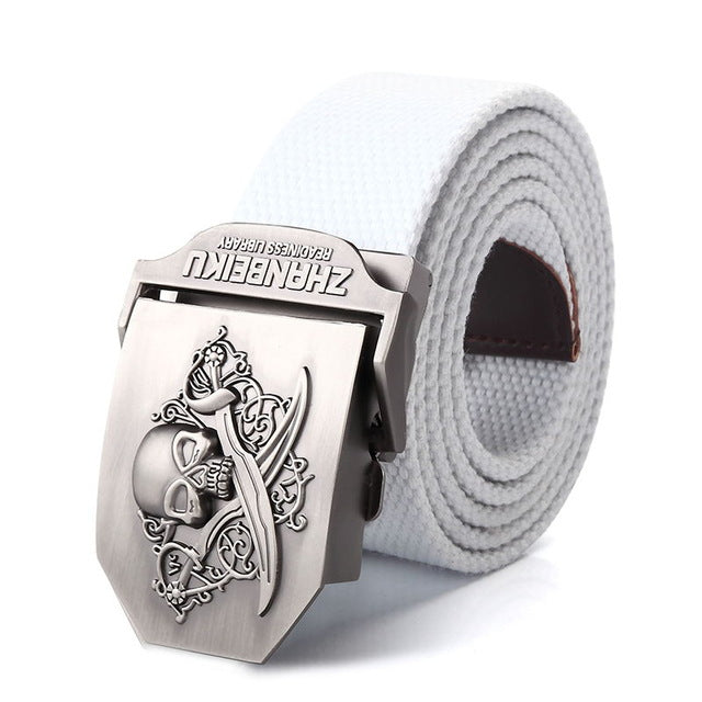 SupSindy canvas belt Pirate Skull Alloy buckle military men belt