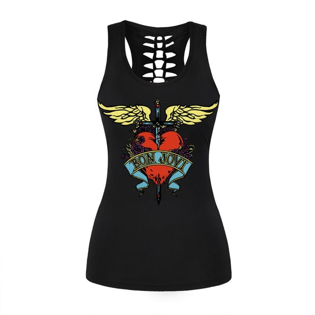 Women Fitness Tank Tops Gothic Punk Style O Neck Sleeveless Tee Tight Vest Tops