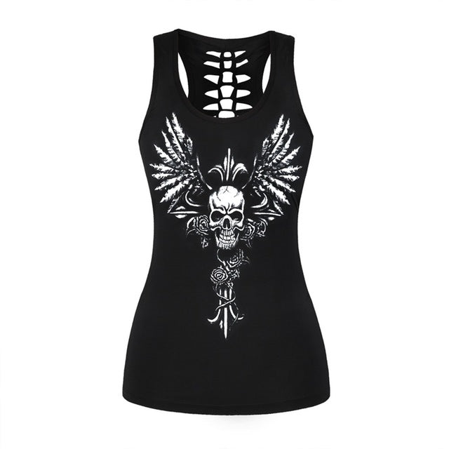 Women Fitness Tank Tops Gothic Punk Style O Neck Sleeveless Tee Tight Vest Tops