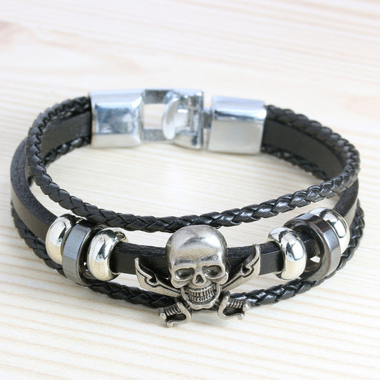 Retro Genuine Leather Woven Skull Charm Bracelet Men Vintage Braided Bracelets Bangles