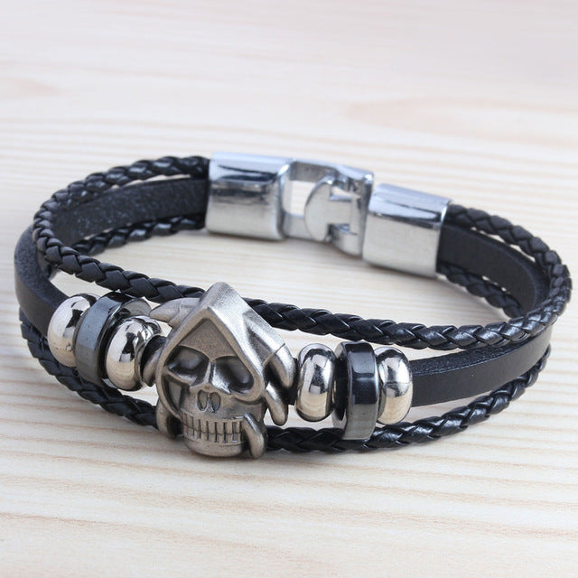 Retro Genuine Leather Woven Skull Charm Bracelet Men Vintage Braided Bracelets Bangles