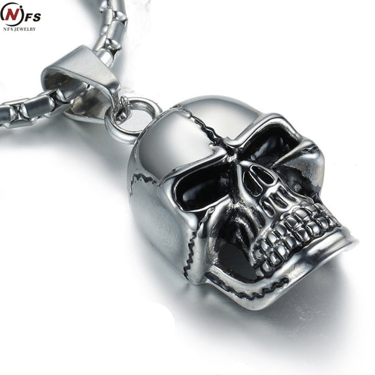 Stainless Steel Gothic Punk Skull Black Silver Tone Necklace Pendant Mens Boys Jewelry