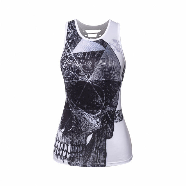 Women Summer Tank Tops Halloween Ghost Skull Digital Printing Top Sexy Back Hollow Cotton