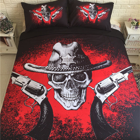 3D Skull Bed Sheet Gun Duvet Cover Europe Style Black And Red Queen/King Size