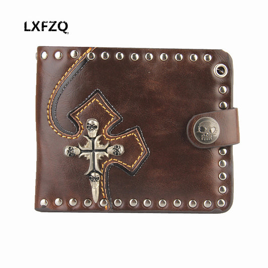 genuine leather men wallet Rivets Cross skull Purses Punk style Men's purse