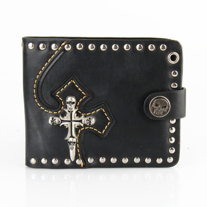 genuine leather men wallet Rivets Cross skull Purses Punk style Men's purse