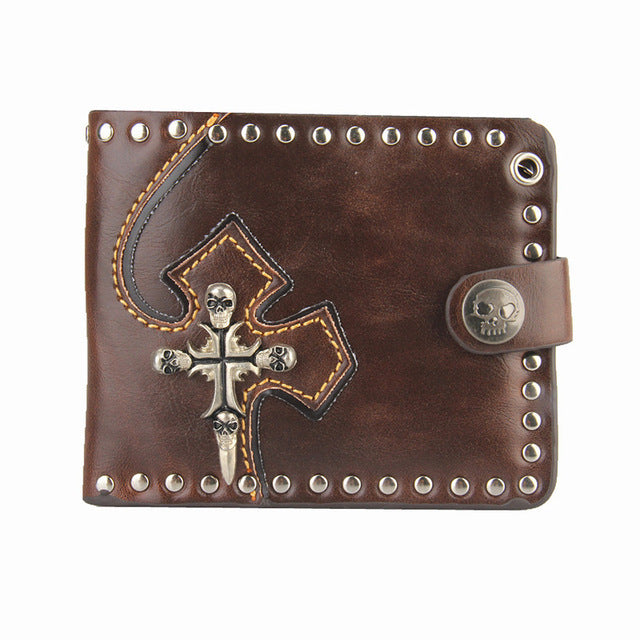 genuine leather men wallet Rivets Cross skull Purses Punk style Men's purse