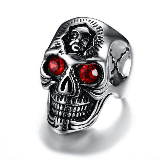Hiphop Stainless Steel Skeleton Rings for Men Jewelry with Red Stone Halloween Undead Decorations