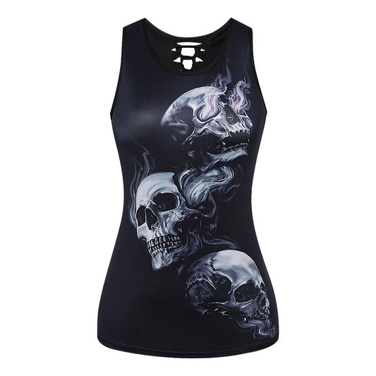 3D Skull Printing Women Tank Tops Sleeveless Hollow Out O Neck Black Vest