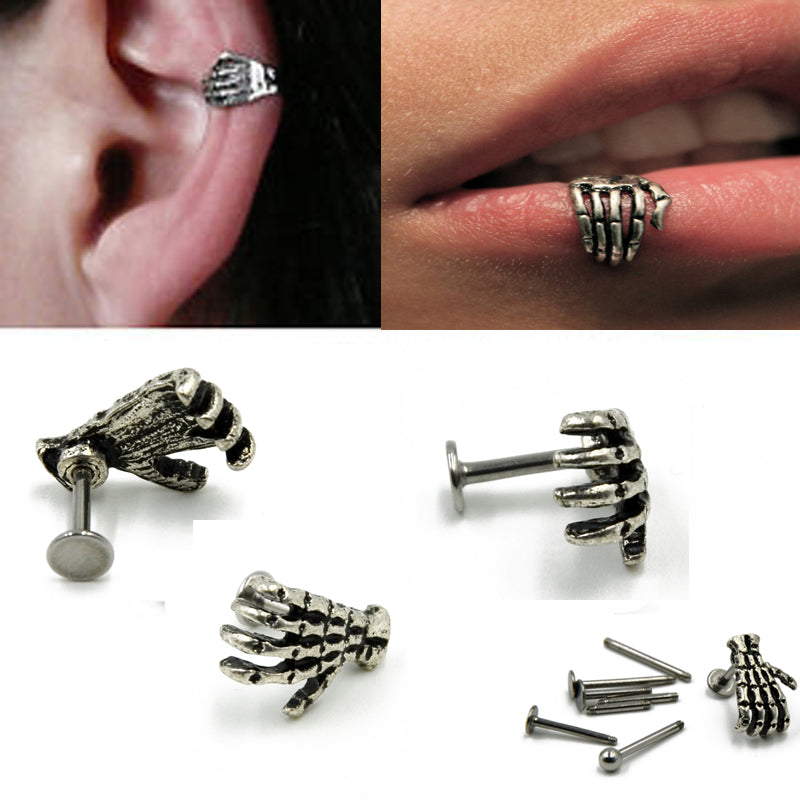 Skull Shape Devil Hand Kylie Lip  Ring Ear Piercing Stud Ring Jewelry Skeleton Plam Stud