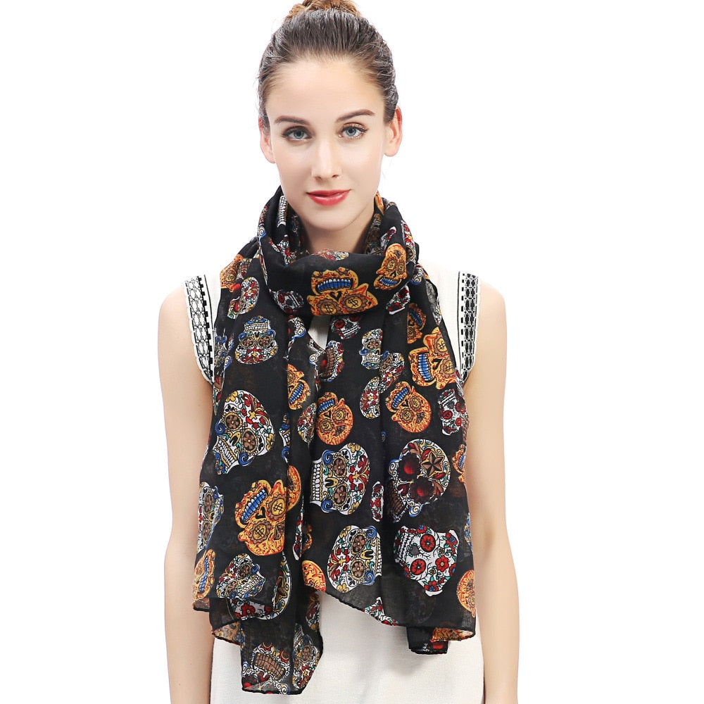 Day of the Dead Multicolored Sugar Skull Print Women Large Scarf Shawl Wrap Soft Lightweight for All Seasons