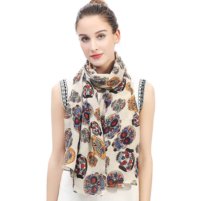 Day of the Dead Multicolored Sugar Skull Print Women Large Scarf Shawl Wrap Soft Lightweight for All Seasons