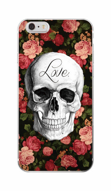 Pink Rose Skull Pattern Soft TPU Clear Phone Case Fundas Coque For iPhone & SAMSUNG