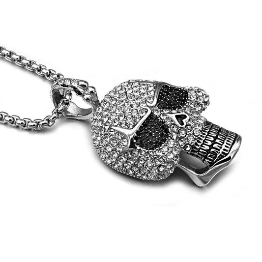 Titanium Stainless Steel Ice Out Bling Full Micro Pave Rhinestone Skeleton Skull Pendant Necklace