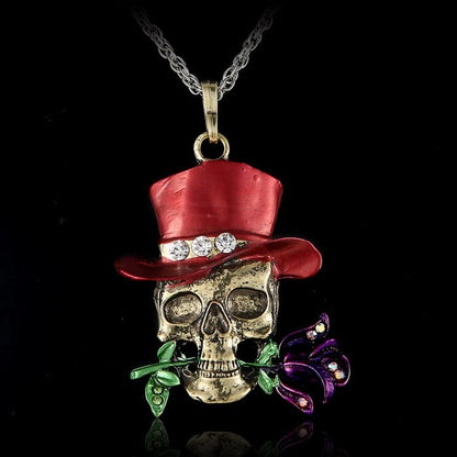 Skull jewelry Gothic Antique Necklace Jewelry flower enamel Vintage Enamel Pendant