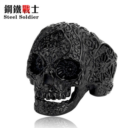Steel soldier New Vintage Garden Flower Skull ring Black TITANIUM Mens Rings Fashion Jewelry