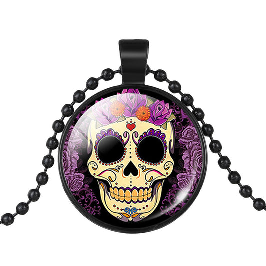 Mexican Sugar Skull Pendant Day Of The Dead Necklace Beads Chain Glass Jewelry Necklace