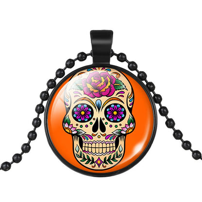 Mexican Sugar Skull Pendant Day Of The Dead Necklace Beads Chain Glass Jewelry Necklace