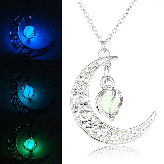 Glow In the Dark Jewelry Silver Plated with Crescent Shaped Loket Pendant