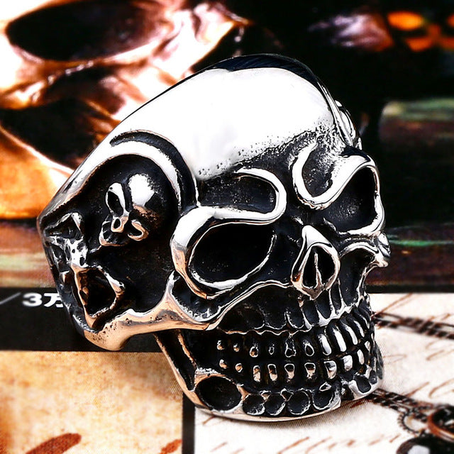 Stainless Steel ring top quality Big Tripple Skull Ring Punk Biker jewelry