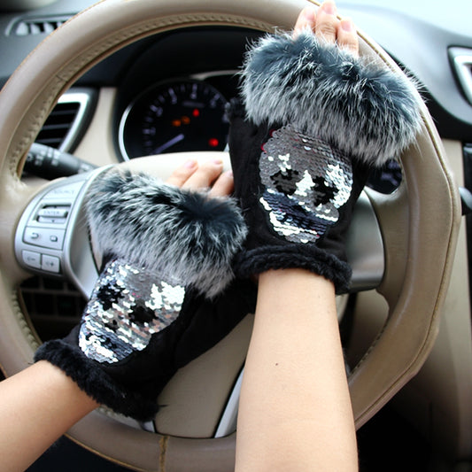 Magic Fashion Winter Gloves Women Skull silvery Sequins Rabbit Fur Gloves