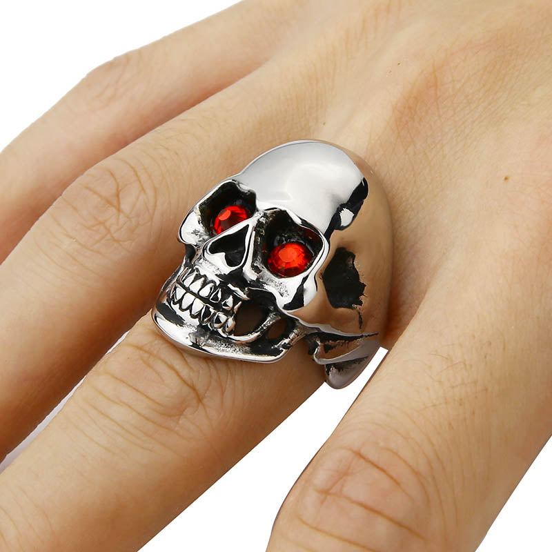 Gothic Punk Biker Rider Red/Blue Eyes Ring Vintage Stainless Steel Skeleton