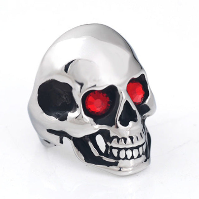 Gothic Punk Biker Rider Red/Blue Eyes Ring Vintage Stainless Steel Skeleton