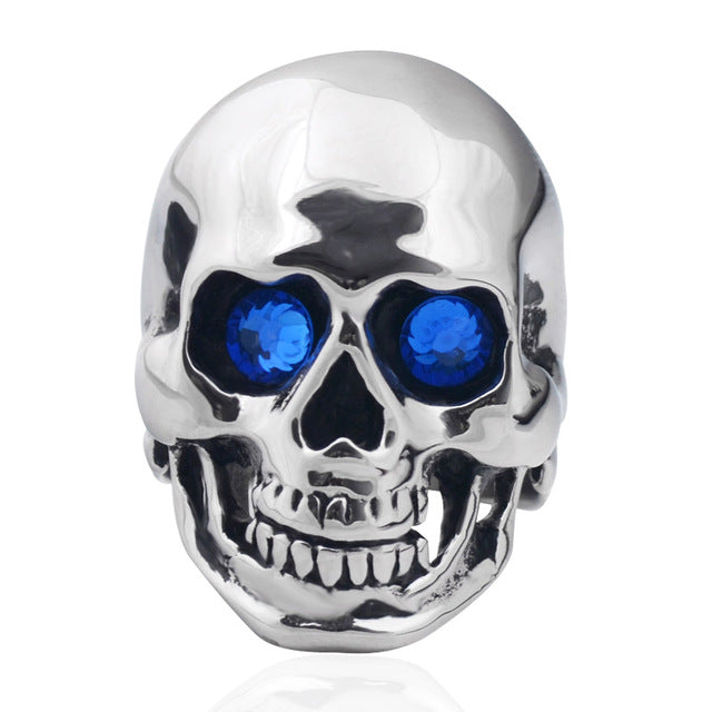 Skull Ring Gothic Punk Biker Rider Red/Blue Eyes Ring Stainless Steel Skeleton Finger Band Rings